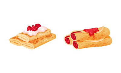 Sweet Crepe or Pancake Served with Berry Filling Vector Set