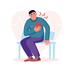 Young man on bench with heart attack, pain  touching chest. Heart treatment, health care and disease diagnostic concept. Vector flat illustration. Design for banner, landing page, web background