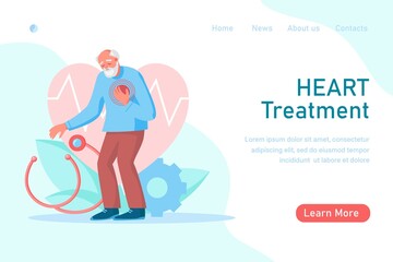 Old man with heart pain, attack touching his chest. Heart treatment, health care and disease diagnostic concept. Vector flat illustration. Design for banner, landing page, web background, flyer