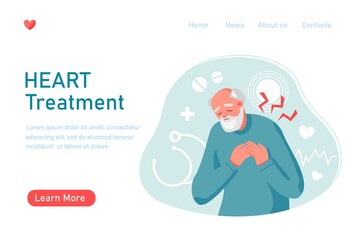 Old man with heart pain, attack touching chest. Heart treatment, health care and disease diagnostic concept. Vector flat illustration. Design for banner, landing page, web background, flyer