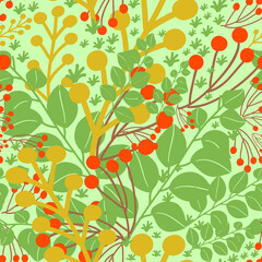 spring summer leaves vector seamless repeat pattern. The nature-inspired happy and colorful greenerry tropical dense pattern - 447211426