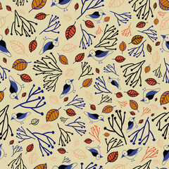 Fall leaves twigs and birds vector seamless repeat pattern. The nature-inspired earthy-toned dense pattern - 447211449