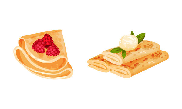 Sweet Crepe or Pancake Served with Cheese and Raspberry Filling Vector Set