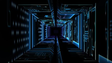Abstract technological background 3D animation, moving through a futuristic technological digital cyberspace tunnel corridor or shaft loop.