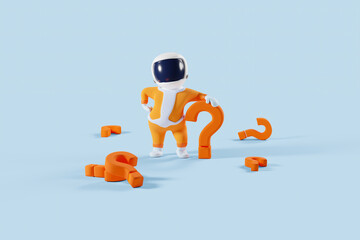 3D cartoon spaceboy in the middle of question marks ready to help. 3D rendering.