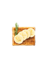 Belgium waffle with banana and rosemary with syrup on white isolated background