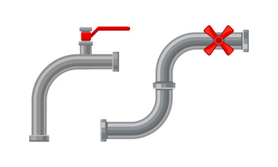 Fitting or Adapter for Connecting Straight Section of Pipe or Tube with Red Valves Vector Set