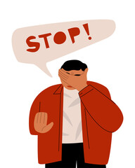 Fototapeta na wymiar A man covering his face with his hand and showing a stop sign. A person expressing denial and disagreement. Vector flat illustration with a dissenting character