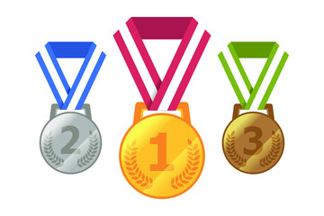 Gold medal, silver medal, bronze medal. Three medals vector illustration.
