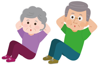 腹筋するシニア男性とシニア女性　イラスト