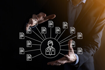 Document Management System DMS .Businessman hold doctor and document icon.Software for archiving,...