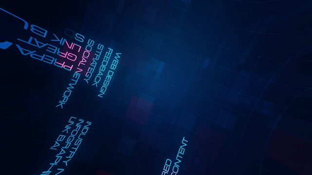 4K 3D rendering cinematic SEO word cloud concept. SEO word tag text animation on modern futuristic digital technology blue and red grid for intro title trailer, advertisement, business presentation.
