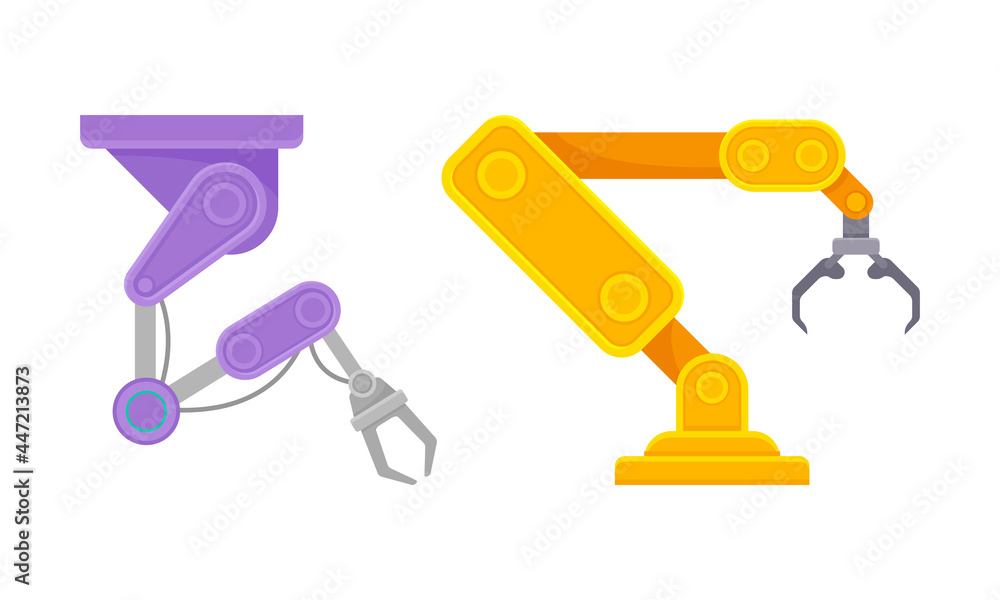 Poster robotic mechanical programmable arm with joints for industrial assembly operation vector set