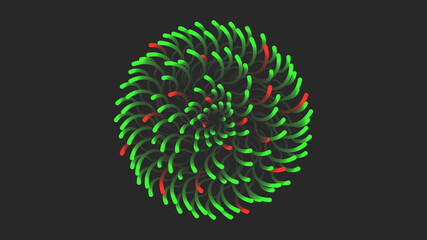 Abstract creative shape original background, ball of thin intersection light green and red smooth curves, dark artwork wallpaper.