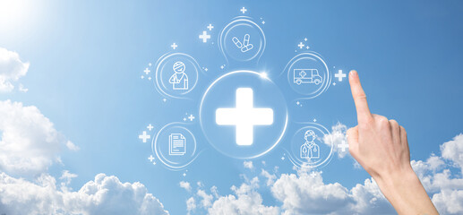 Businessman hold virtual plus medical network connection icons. Covid-19 pandemic develop people awareness and spread attention on their healthcare.Doctor,document,medicine,ambulance,patient icon.