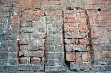 Old orange brick wall for background, Background with a red brick wall, Brick old grunge stone wall orange texture background. 
