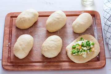 Pirojki. traditional Russian patty with eggs and onion