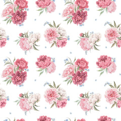 Beautiful seamless floral pattern with hand drawn watercolor gentle pink peony flowers. Stock illuistration.