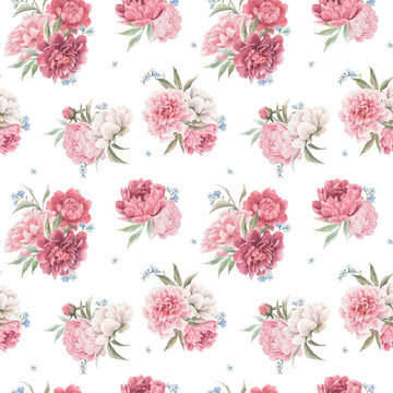 Beautiful seamless floral pattern with hand drawn watercolor gentle pink peony flowers. Stock illuistration. © zenina