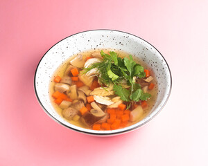 Spicy chicken soup with mushrooms and pepper. Healthy eating, soup for dinner.