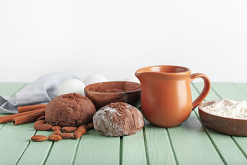 Ingredients for preparing bakery on color wooden background