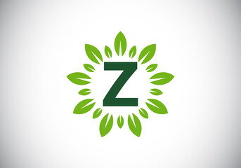 Initial Z monogram letter alphabet with leaf wreath. Green leaf, flower logo design concept. Modern vector logo design for business, and company identity.