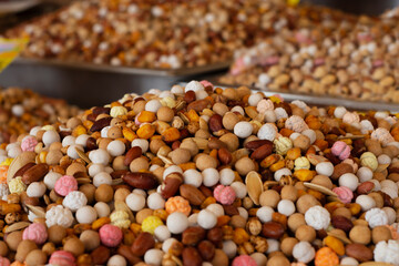 traditional turkish cuisine, nuts and other snacks. chickpeas, pumpkin seeds, candied chickpeas, spicy corn, tofu, soybean chickpeas.