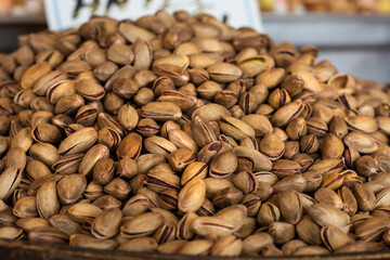 Pistachio. an all-organic sack of roasted pistachios. Selective Focus