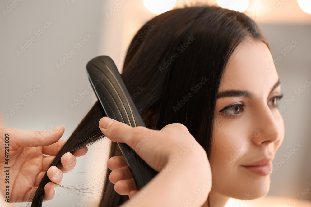 Poster hairdresser working with client in beauty salon