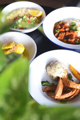 Italian dinner cooked and served on the table. Italian cuisine concept, a lot of traditional dishes on the table.