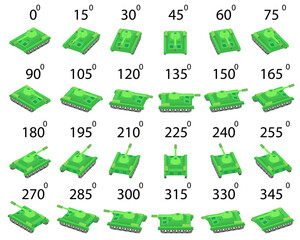A set of 24 tanks for video games in isometric view. Animation of the rotation of a green tank by 15 degrees. 