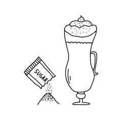 Hand drawn doodle vector illustration of delicious hot cup of cappuccino with a packet of sugar. Isolated on white background.