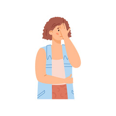 Disappointed confused woman with hand on head, flat vector illustration isolated.