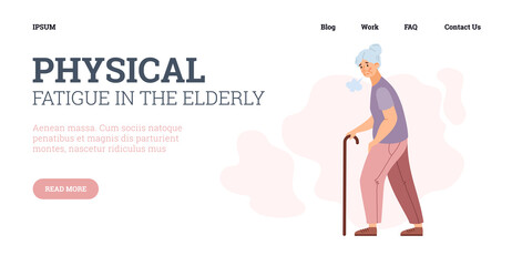 Physical fatigue in elderly age website interface, flat vector illustration.