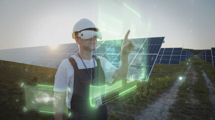 Adult male worker using VR glasses checking solar battery panels tapping online. 3D graphic system. Sunset sky. Futuristic technology innovation. Eco business trend. Virtual reality inspiration. 5G - obrazy, fototapety, plakaty