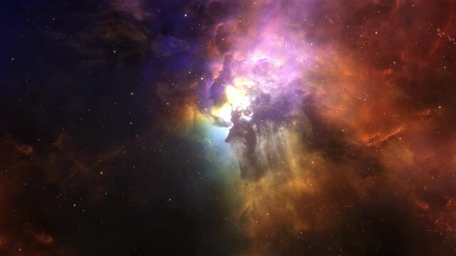 Glowing Lagoon Nebula Space Flight exploration. 4K 3D Science background flight Into The Lagoon Nebula, giant interstellar cloud in the constellation Sagittarius. Elements furnished by NASA image.