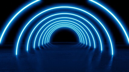abstract circle neon tunnel with reflection . blue neon laser circles with reflection. abstract technology retro background . Futuristic glowing motion design .  3d illustration rendering
