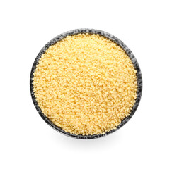 Bowl with raw couscous on white background