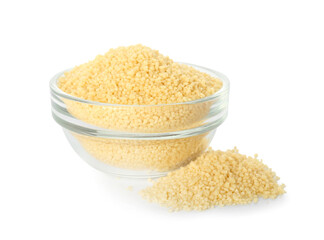 Bowl with raw couscous on white background