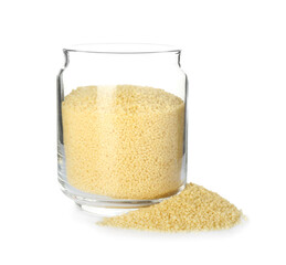 Jar with raw couscous on white background
