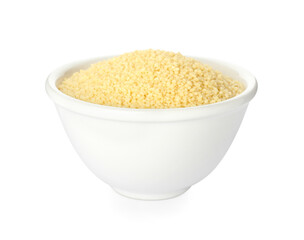 Bowl with raw couscous on white background