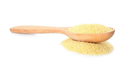 Scoop with raw couscous on white background