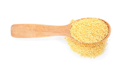 Spoon with raw couscous on white background