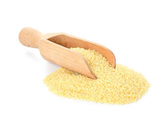 Scoop with raw couscous on white background
