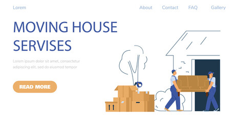 House moving services web banner mockup with loaders, flat vector illustration.