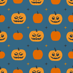 Seamless pattern with pumpkin head and scary faces. Flat vector background for Halloween