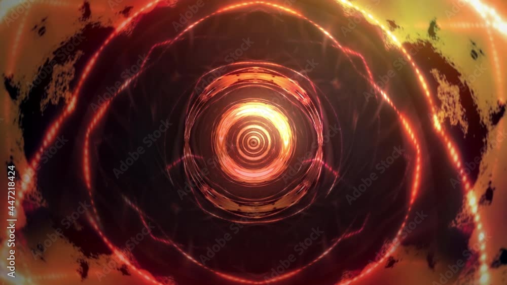 Poster abstract art concentric psychedelic hypnotic gold light sci-fi technology motion loop background. 4k