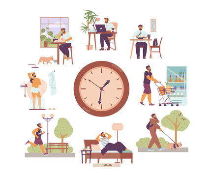 Businessman or office worker daily routine, flat vector illustration isolated.