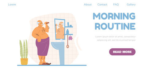 Morning routine banner with elderly man in bathroom, flat vector illustration.