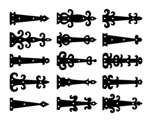 Decorative vintage arrow hinges. Accents for garage and barn doors, gates, trunks. Flat icon set. Vector illustration. Signs of old hardware. Isolated objects - obrazy, fototapety, plakaty